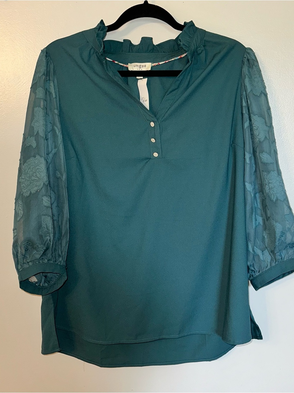 Umgee Teal Floral Sheer Sleeve Blouse | Ruffle Neck | Women’s Medium